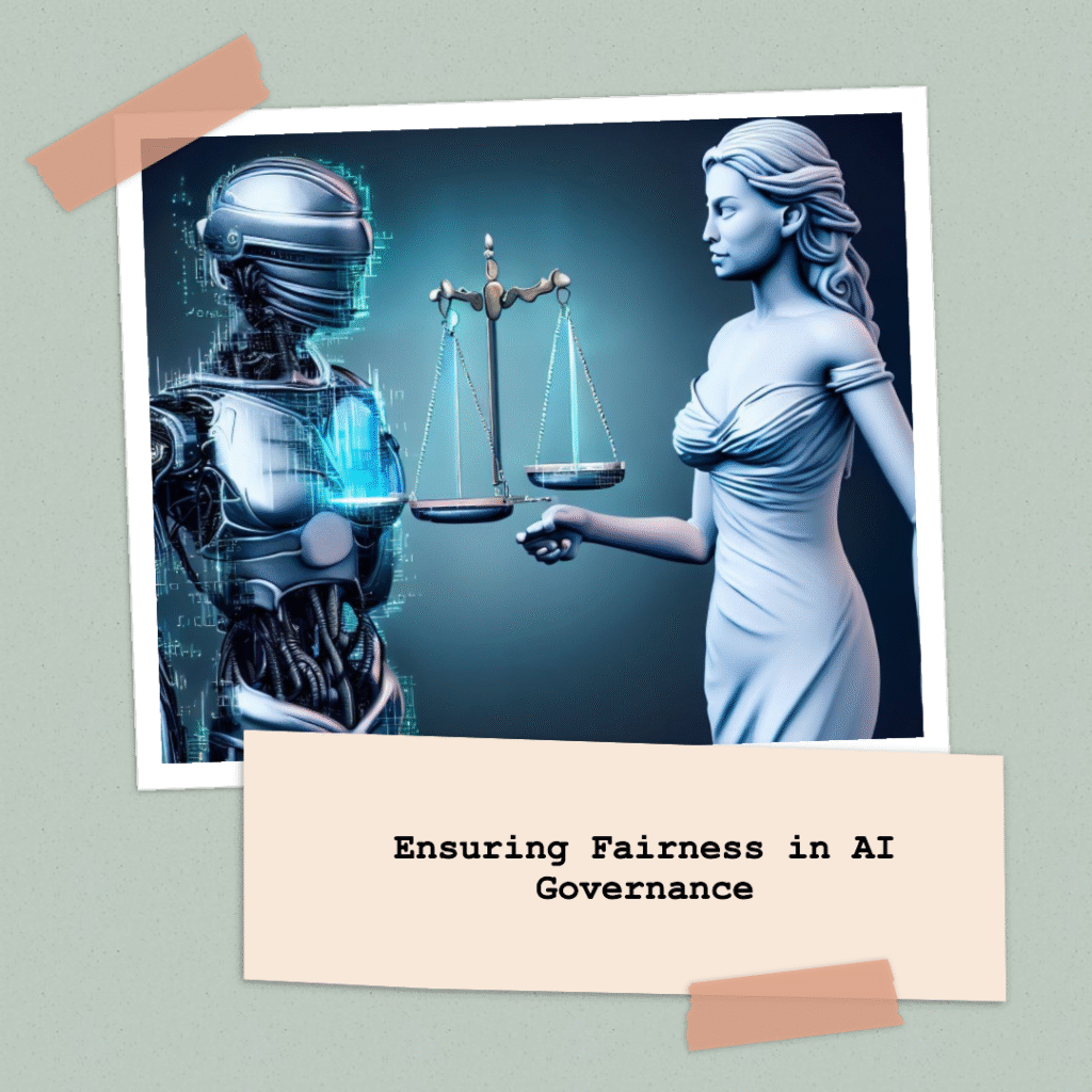 Lady Justice, wearing a blindfold and holding scales and sword, shaking hands with a friendly, transparent artificial intelligence android depicted with a neural network mind. They are forming an alliance between ethics and technology.