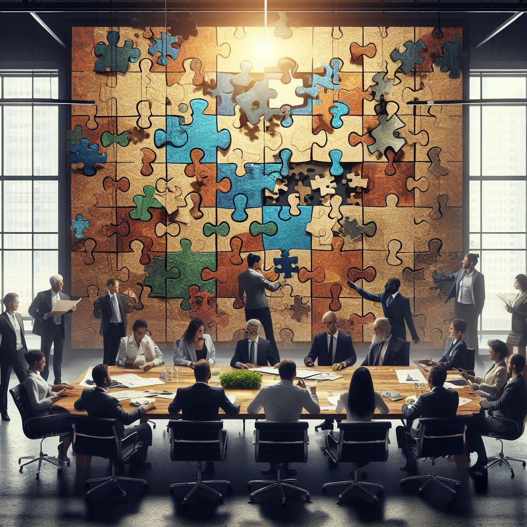 people in boardroom looking at a wall of puzzle pieces meant to suggest pattern matching